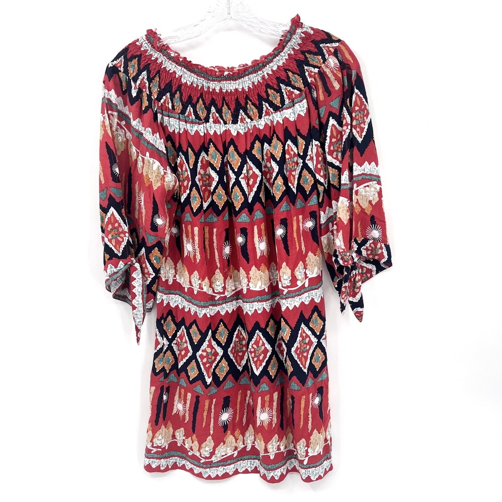 YOUNG THREADS Womens S Aztec/Southwest Print Elastic-Neck 1/2-Sleeve Tunic Dress